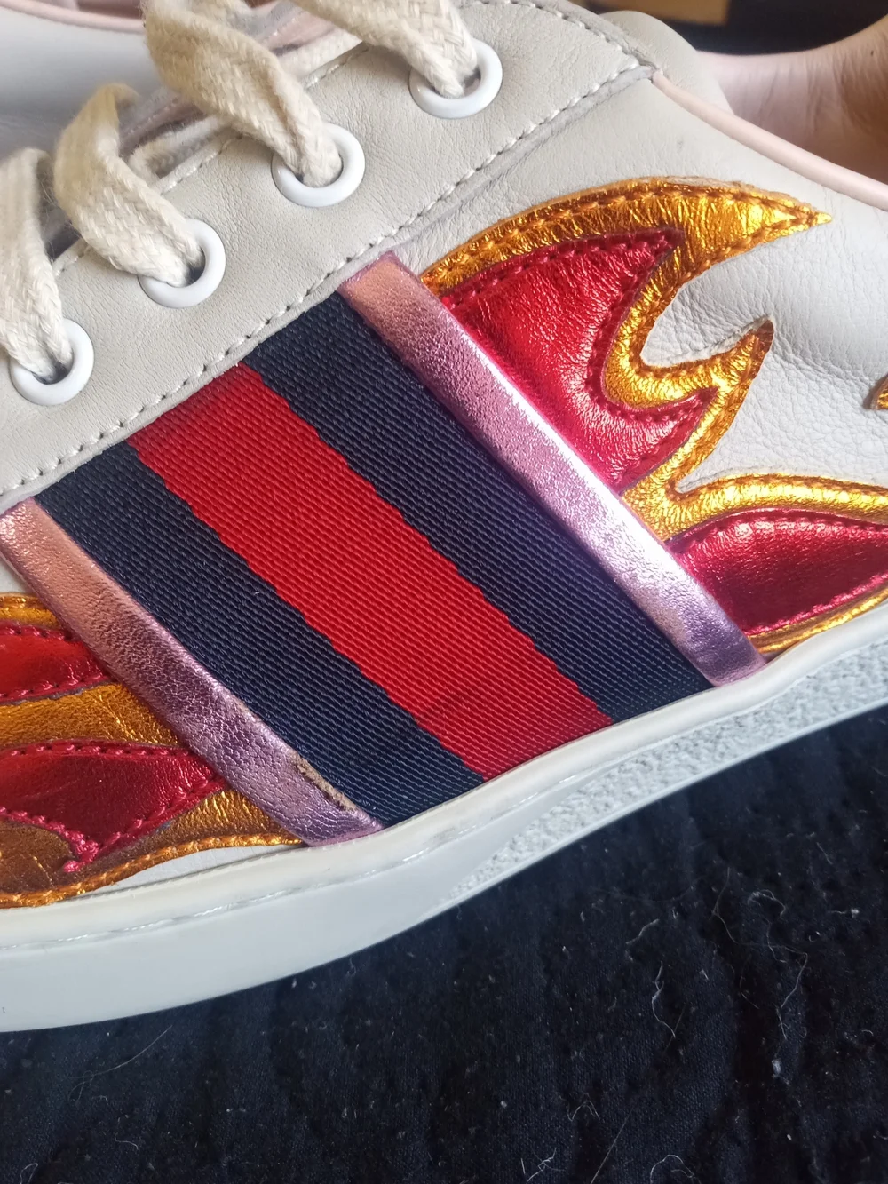 Gucci Leather Flame Accent Sneaker with Red and Gold Details Mens UK 9 US 10
